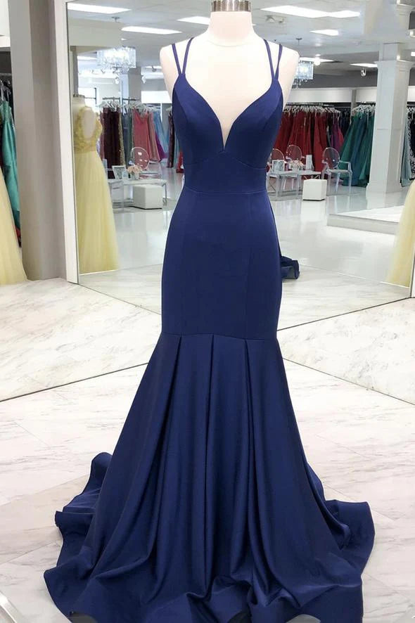 Mermaid Spaghetti Straps Satin Navy Blue Long Prom Dress Evening Dress