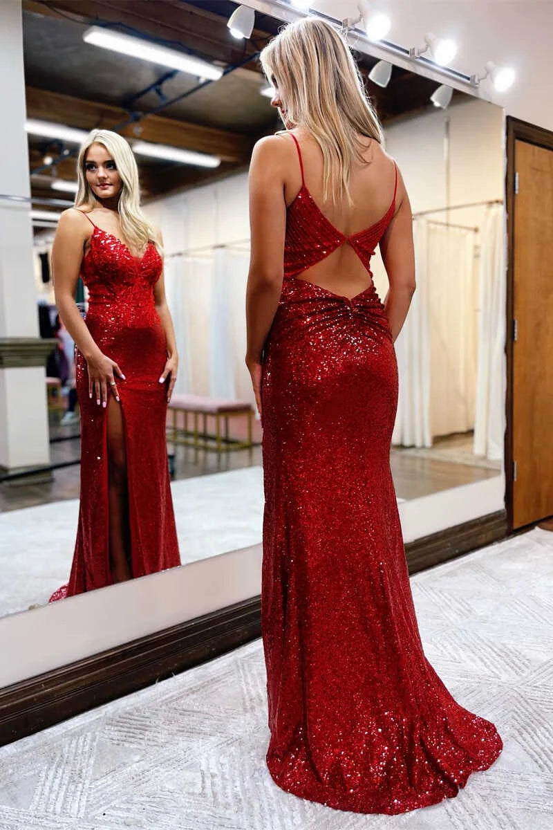 Mermaid Spaghetti Straps Sequin Red Long Formal Prom Dress With Slit
