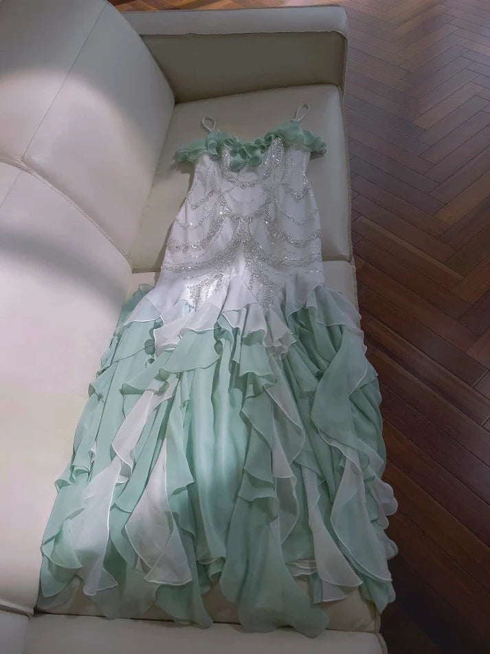 Mermaid Sequins Chiffon Long Evening Dress With Asymmetrical Hem No Veils