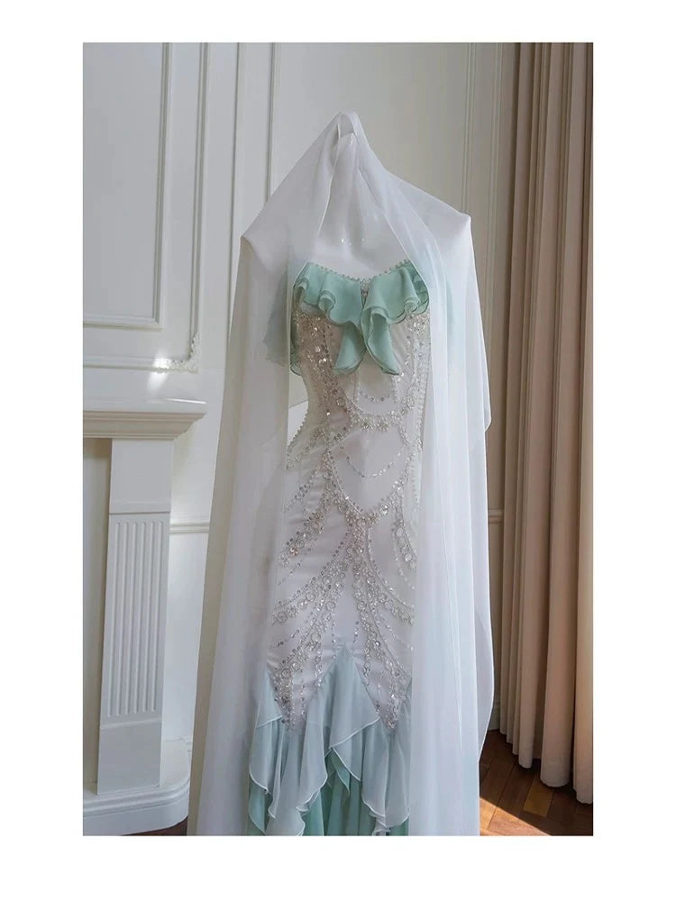 Mermaid Sequins Chiffon Long Evening Dress With Asymmetrical Hem No Veils