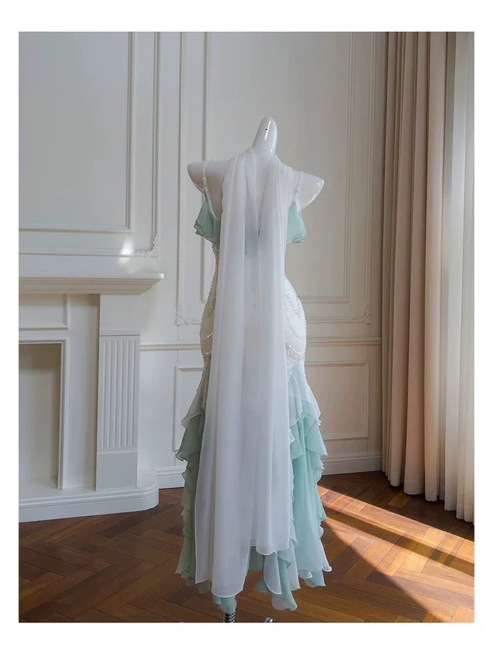 Mermaid Sequins Chiffon Long Evening Dress With Asymmetrical Hem No Veils