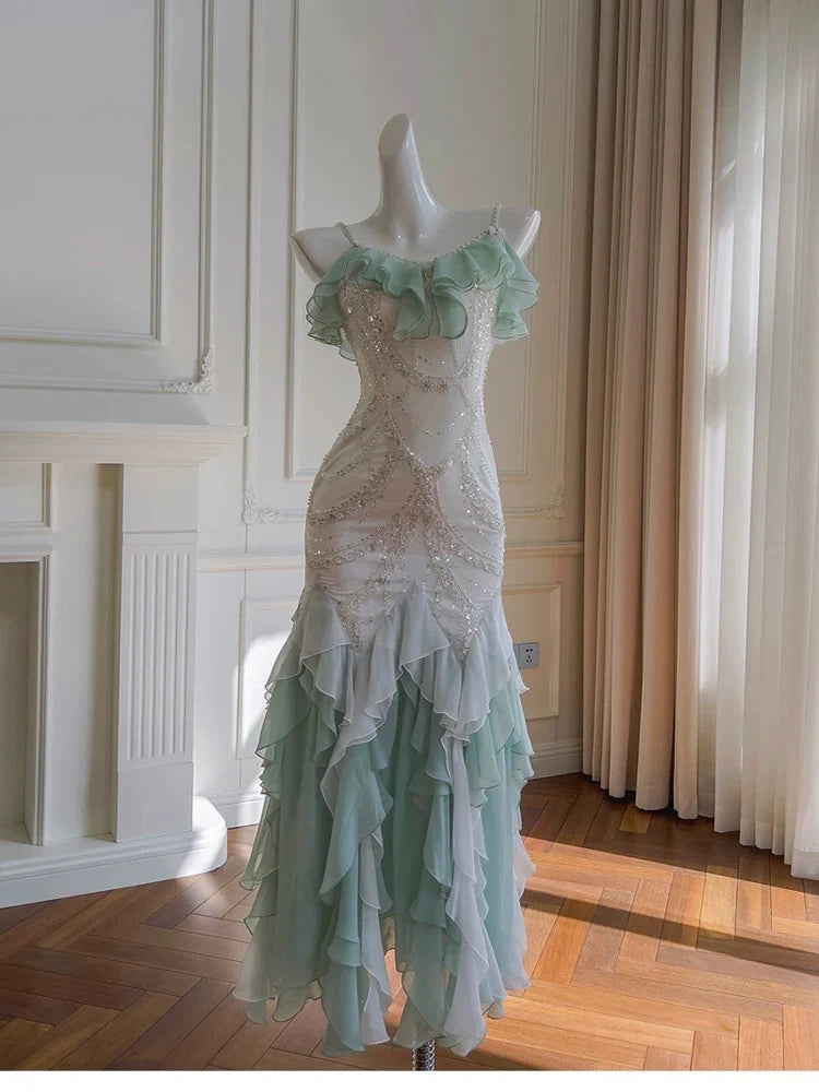 Mermaid Sequins Chiffon Long Evening Dress With Asymmetrical Hem No Veils