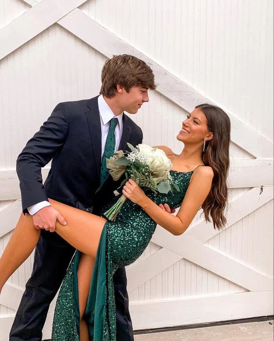 Mermaid Spaghetti Straps Sequins Green Full Length Prom Dress With Slit