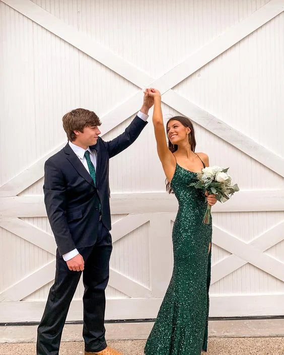 Mermaid Spaghetti Straps Sequins Green Full Length Prom Dress With Slit