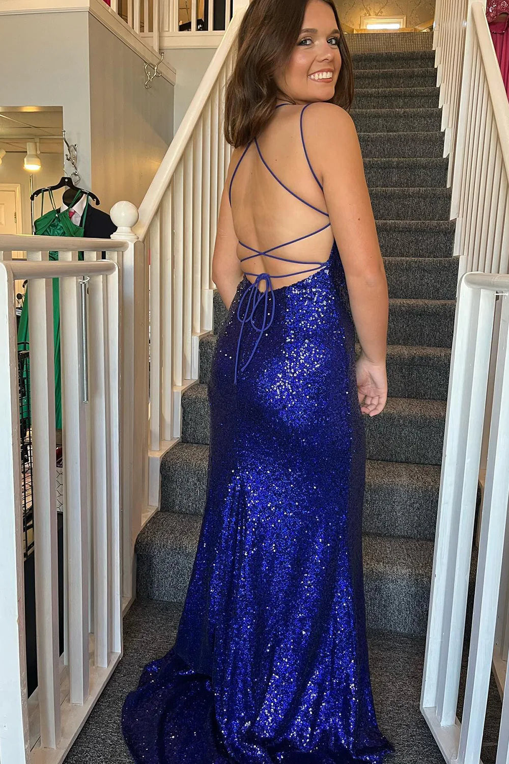 Mermaid Spaghetti Straps Sequins Royal Blue Prom Dress With Split