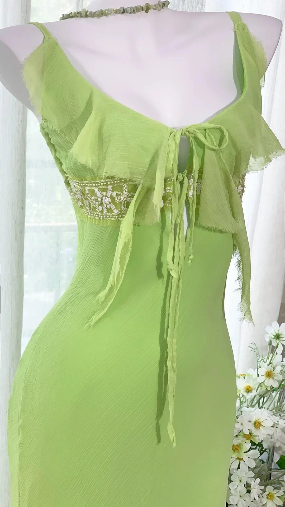 Mermaid Spaghetti Straps Tie Ruffle Sequins Green Party Dress Prom Dress
