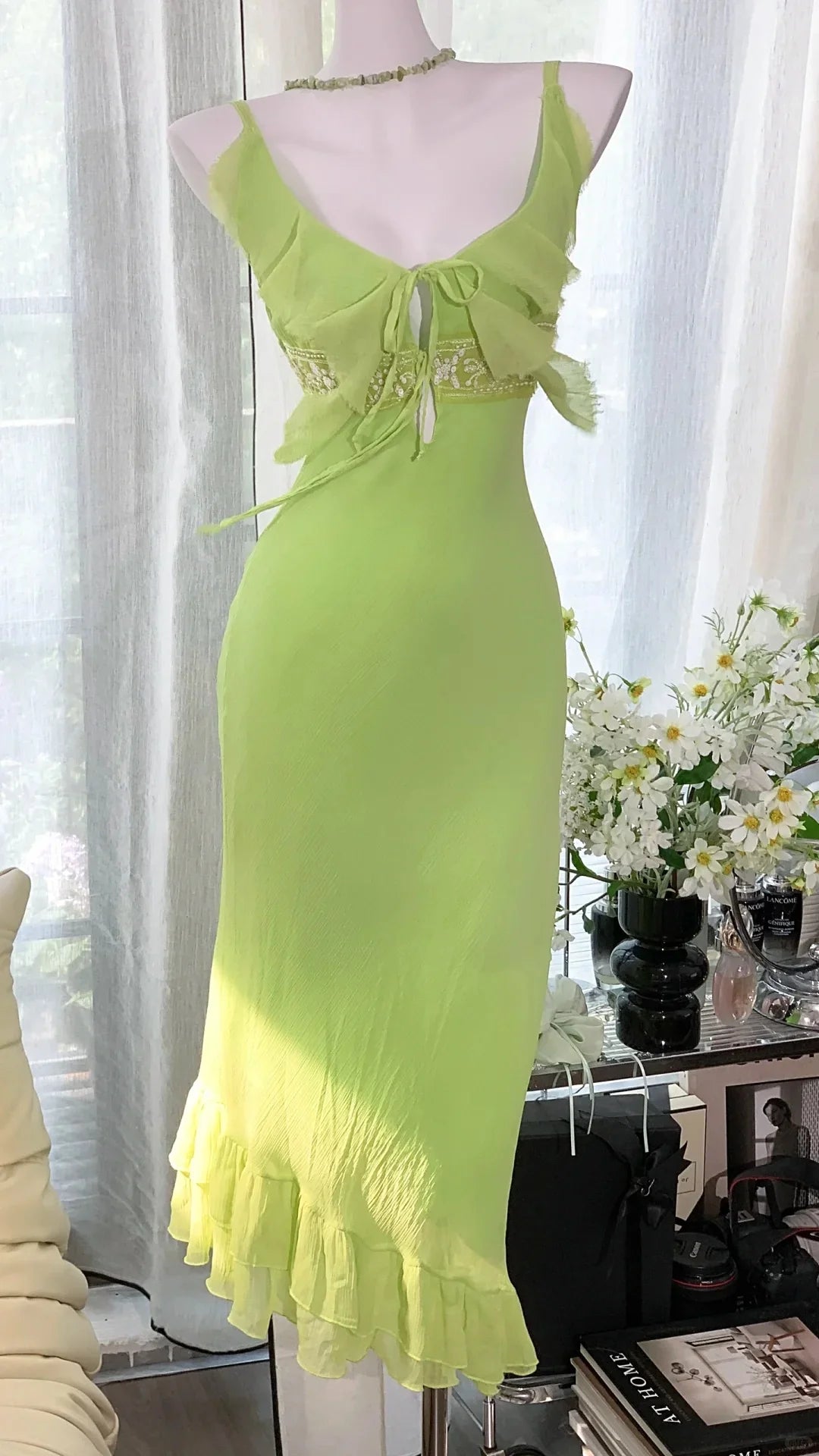 Mermaid Spaghetti Straps Tie Ruffle Sequins Green Party Dress Prom Dress