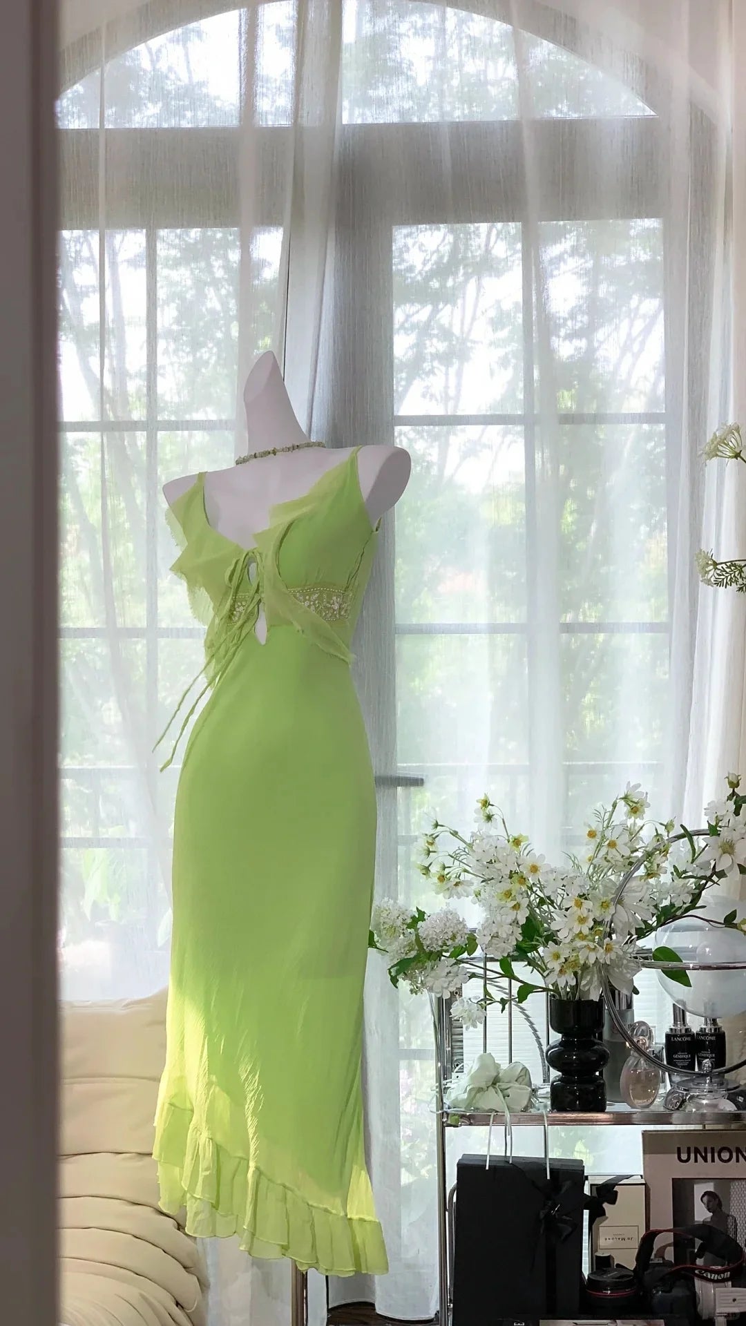 Mermaid Spaghetti Straps Tie Ruffle Sequins Green Party Dress Prom Dress