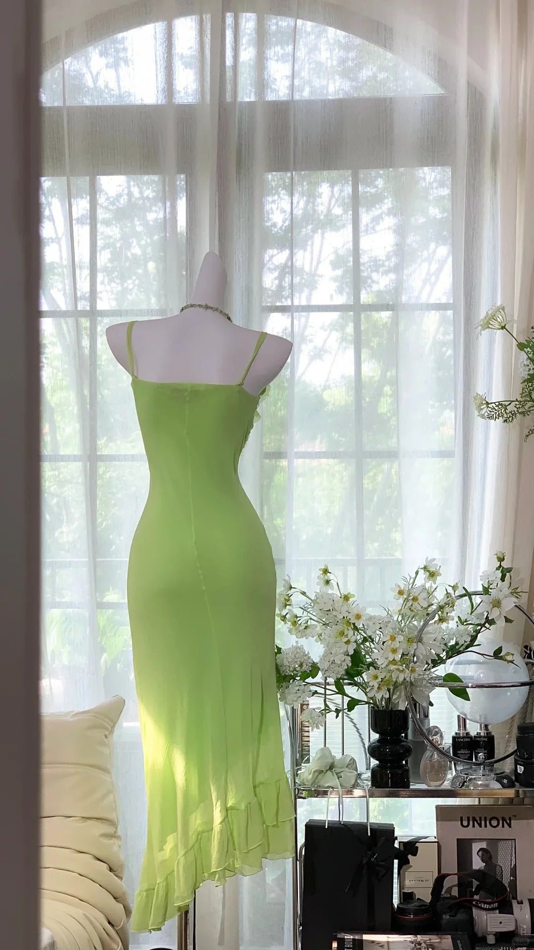 Mermaid Spaghetti Straps Tie Ruffle Sequins Green Party Dress Prom Dress