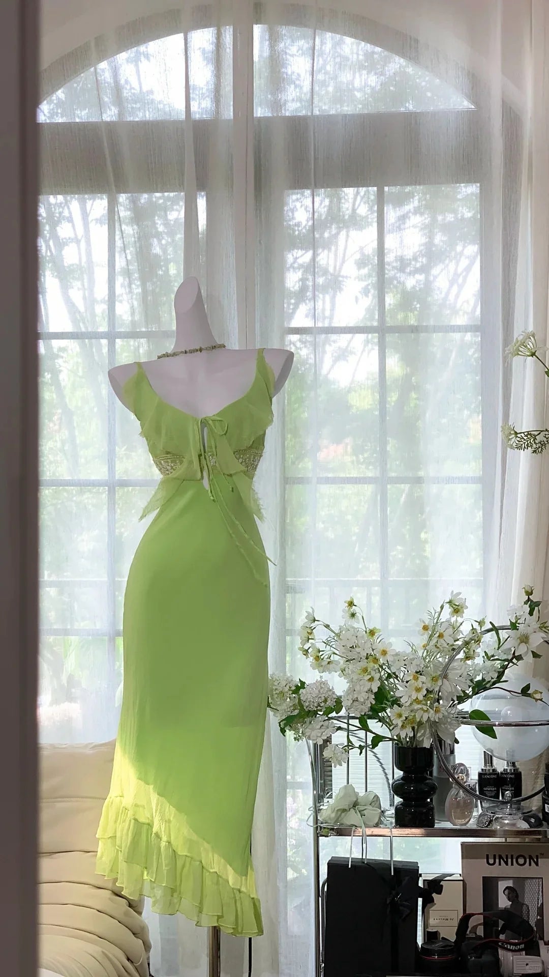 Mermaid Spaghetti Straps Tie Ruffle Sequins Green Party Dress Prom Dress