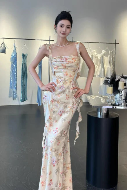 Mermaid Square Neck Backless Floral Satin Evening Dresses With Streamer