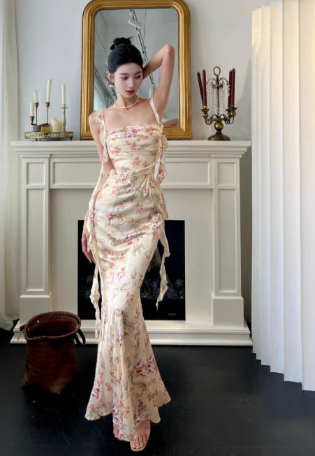 Mermaid Square Neck Backless Floral Satin Evening Dresses With Streamer