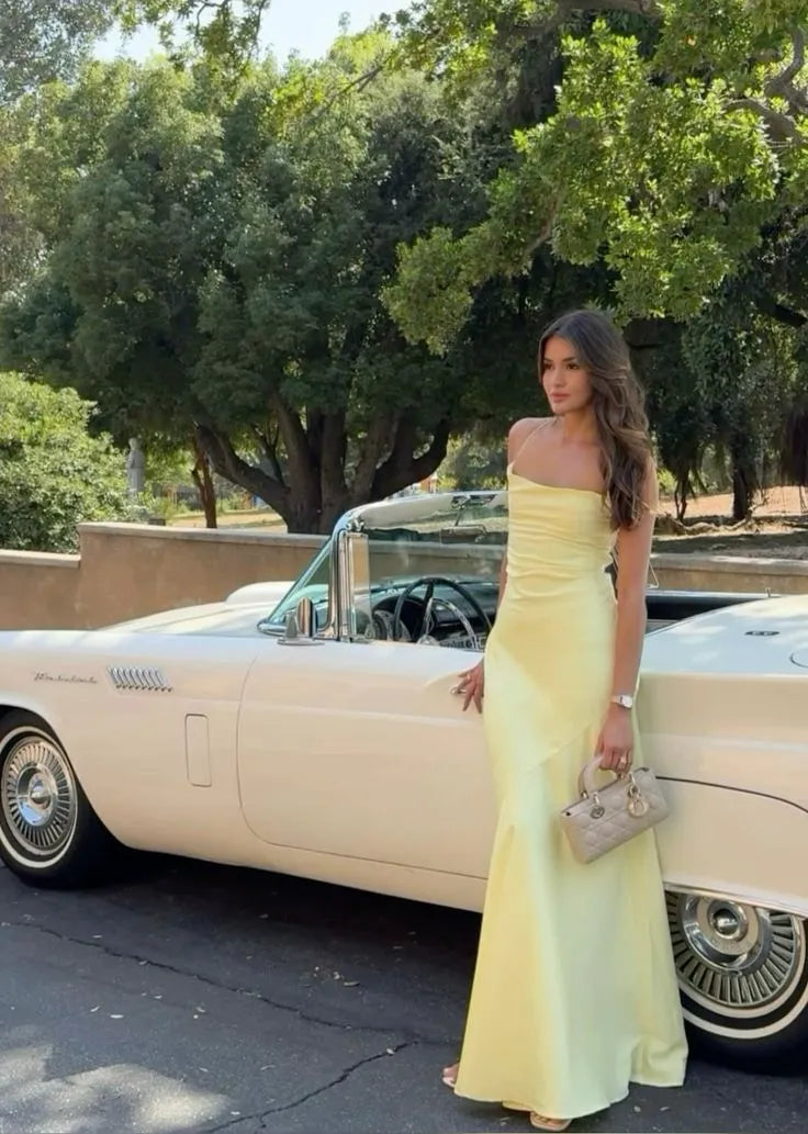 Mermaid Square Neck Spaghetti Strap Lace-Up Back Satin Yellow Floor-Length Prom Dress