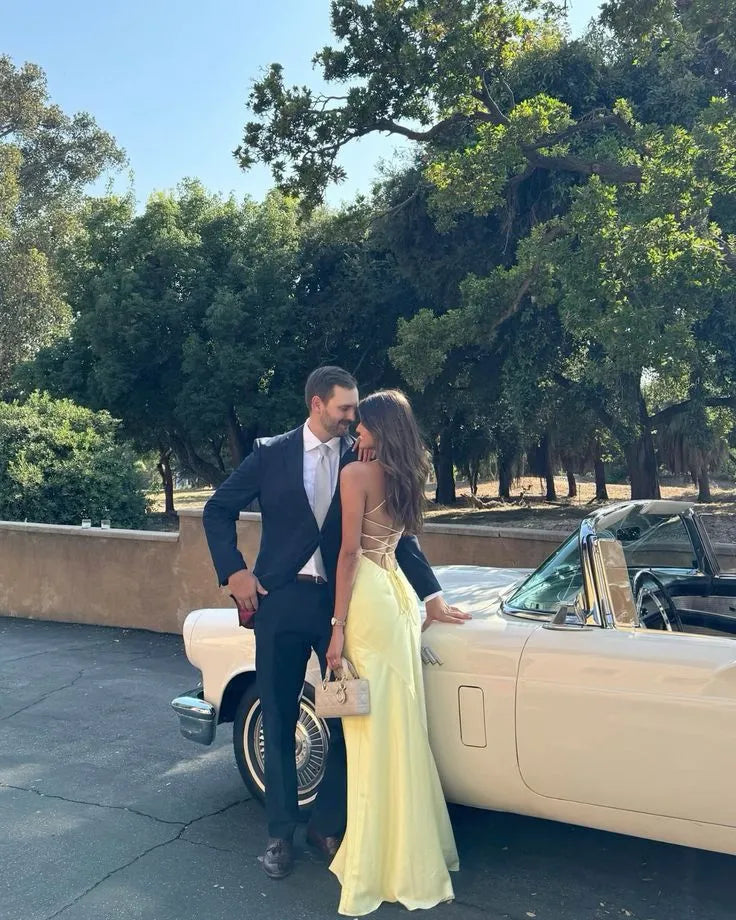 Mermaid Square Neck Spaghetti Strap Lace-Up Back Satin Yellow Floor-Length Prom Dress