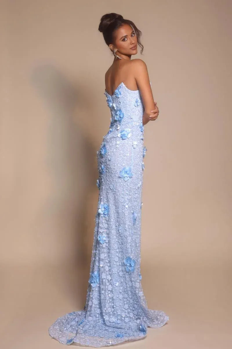Mermaid Strapless 3D Flower Light Blue Floor Length Prom Dress With Split