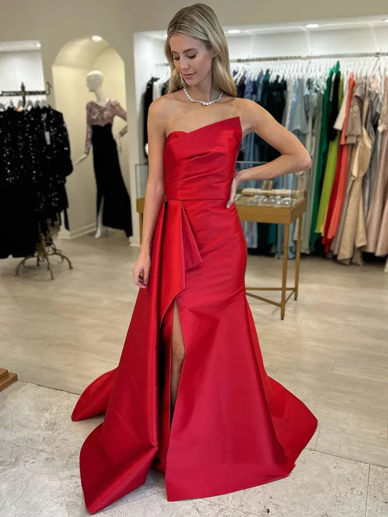Mermaid Strapless Asymmetrical Satin Red Long Prom Dress With High Slit