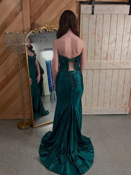 Mermaid Strapless Beaded Lace Satin Emerald Green Prom Dress With Sweep Train