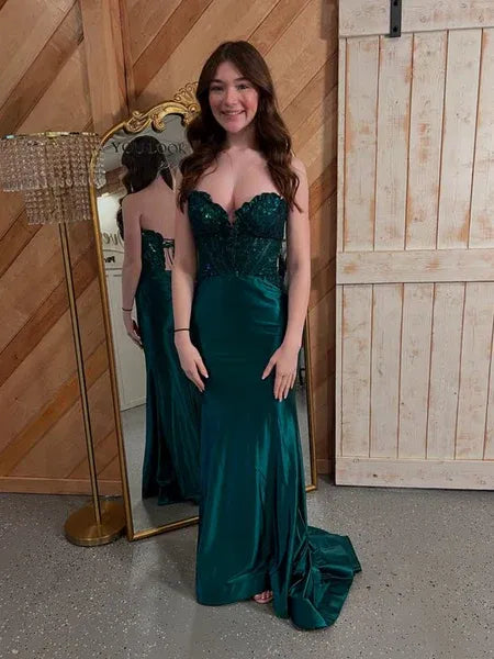 Mermaid Strapless Beaded Lace Satin Emerald Green Prom Dress With Sweep Train