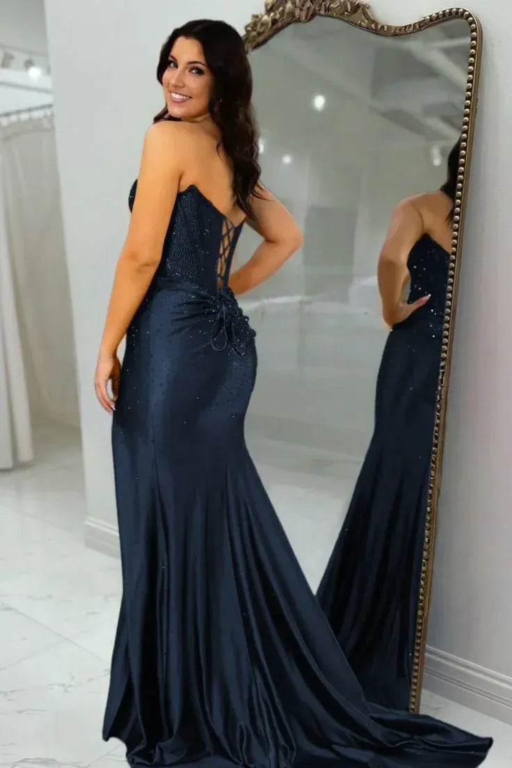Mermaid Strapless Beaded Satin Yellow Long Prom Dress With Slit and Corset Back