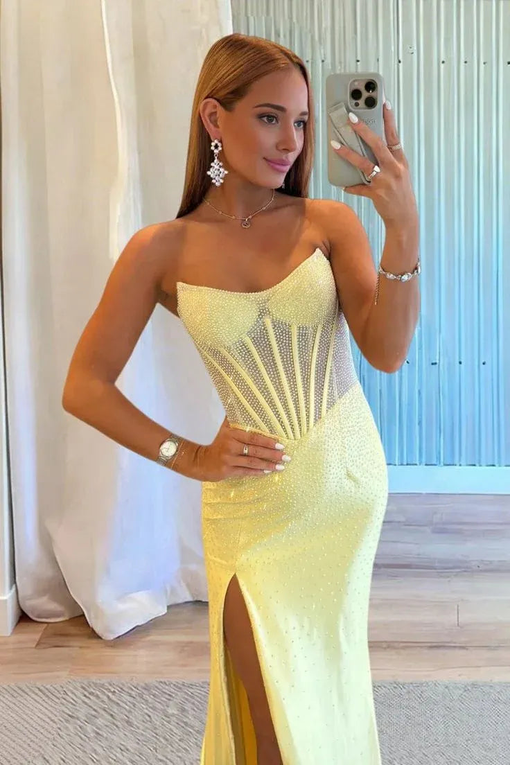 Mermaid Strapless Beaded Satin Yellow Long Prom Dress With Slit and Corset Back