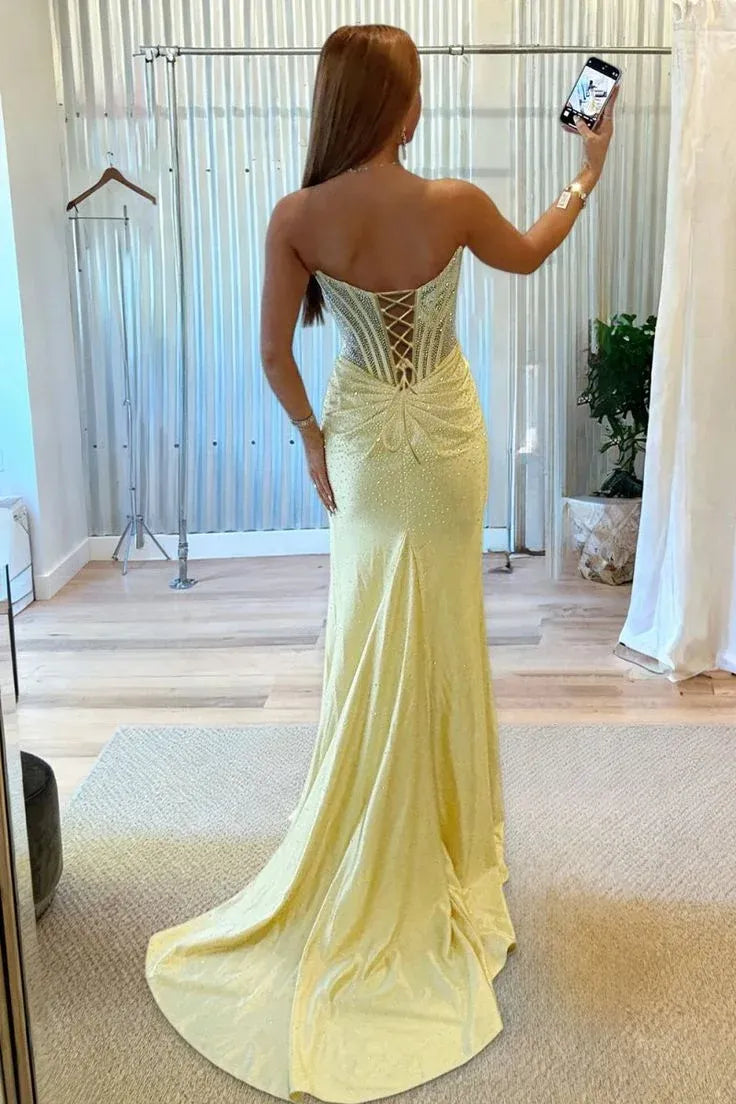 Mermaid Strapless Beaded Satin Yellow Long Prom Dress With Slit and Corset Back