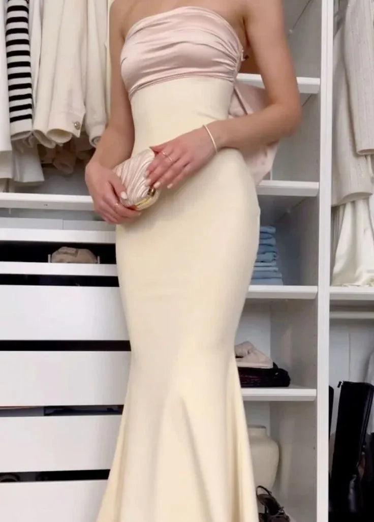 Mermaid Strapless Bow Ruffle Satin Champagne Midi Prom Dress