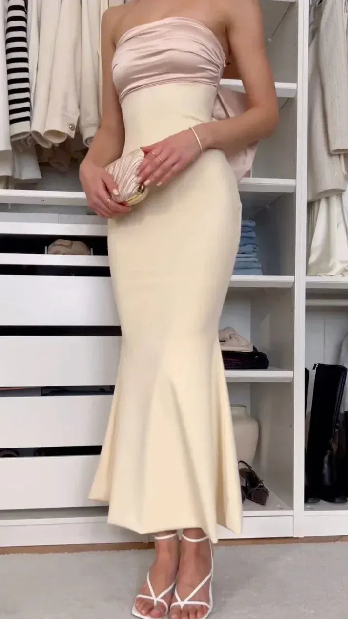 Mermaid Strapless Bow Ruffle Satin Champagne Midi Prom Dress