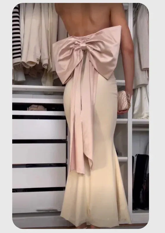 Mermaid Strapless Bow Ruffle Satin Champagne Midi Prom Dress