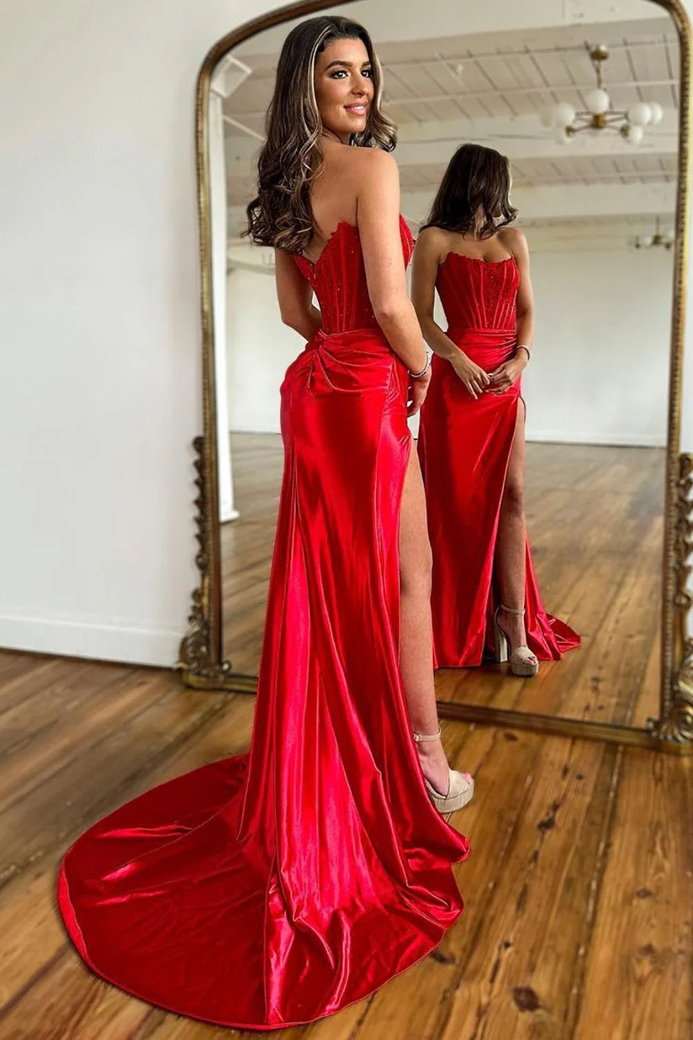 Mermaid Strapless Corset Appliques Split Prom Dress With Train