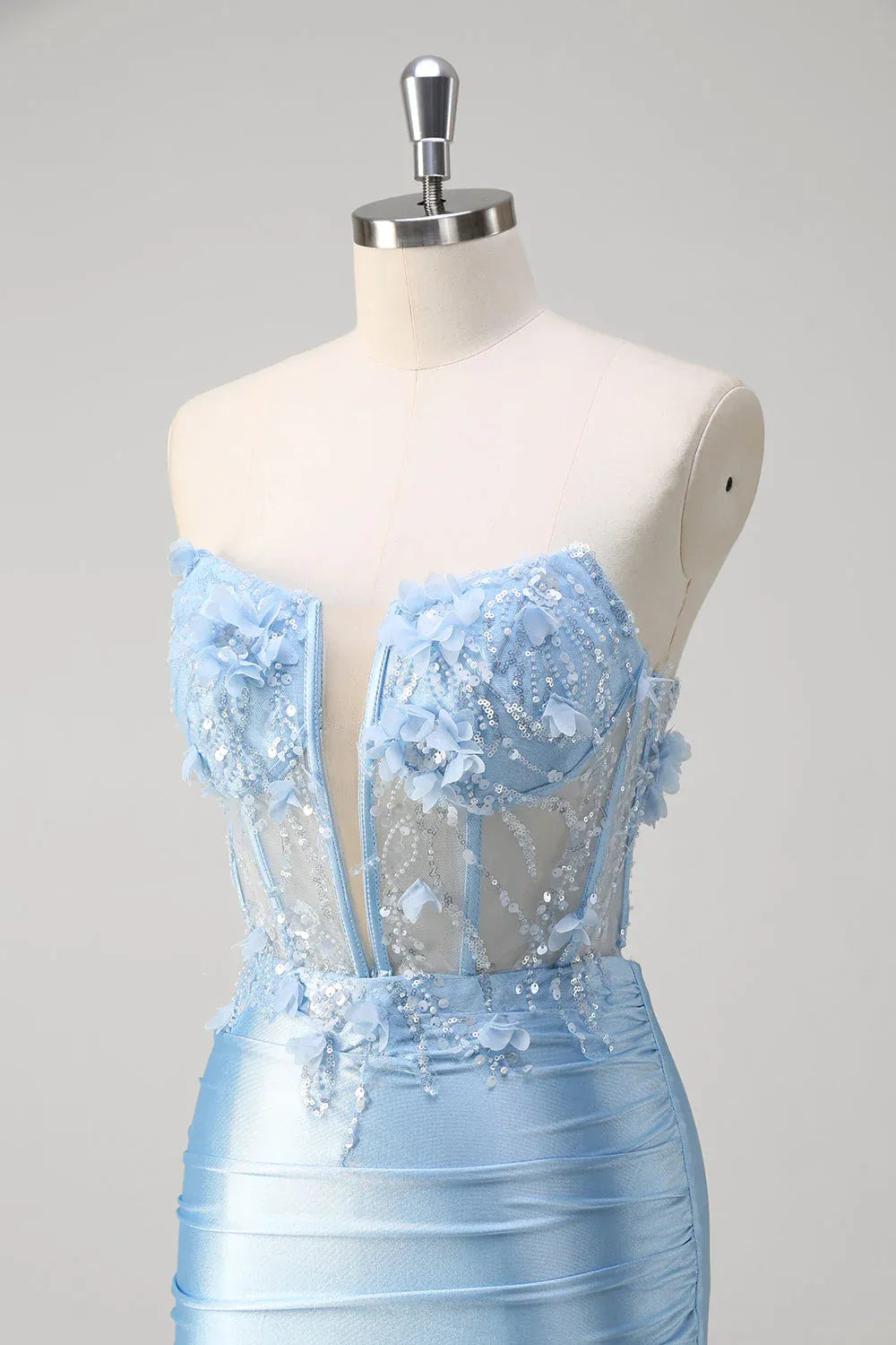 Mermaid Strapless Corset Cut Out Applique Satin Sky Blue Maxi Prom Dress With Slit