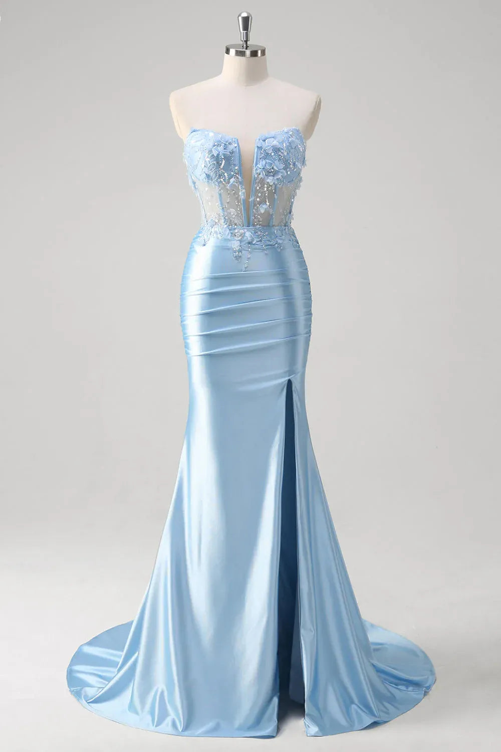Mermaid Strapless Corset Cut Out Applique Satin Sky Blue Maxi Prom Dress With Slit