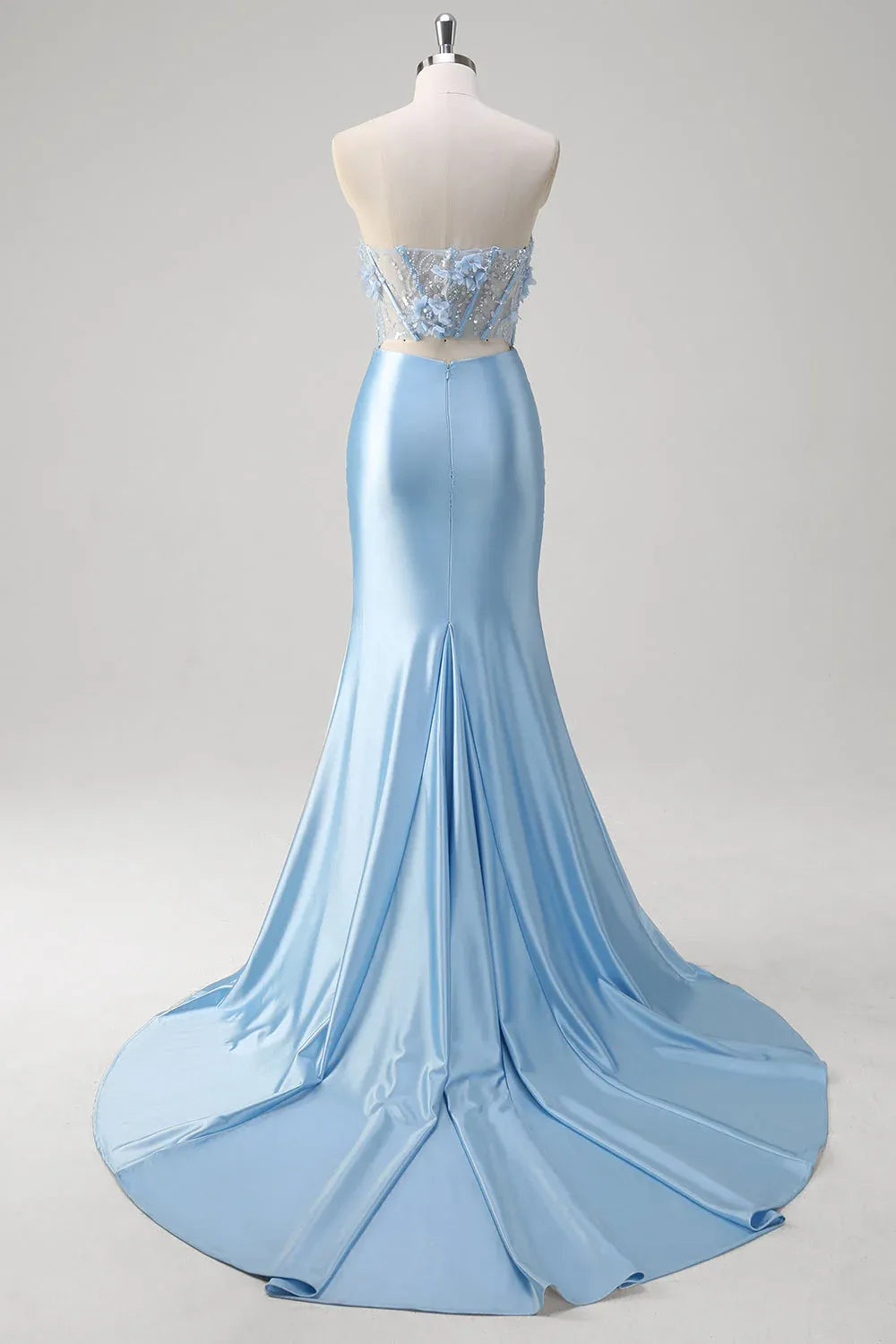 Mermaid Strapless Corset Cut Out Applique Satin Sky Blue Maxi Prom Dress With Slit