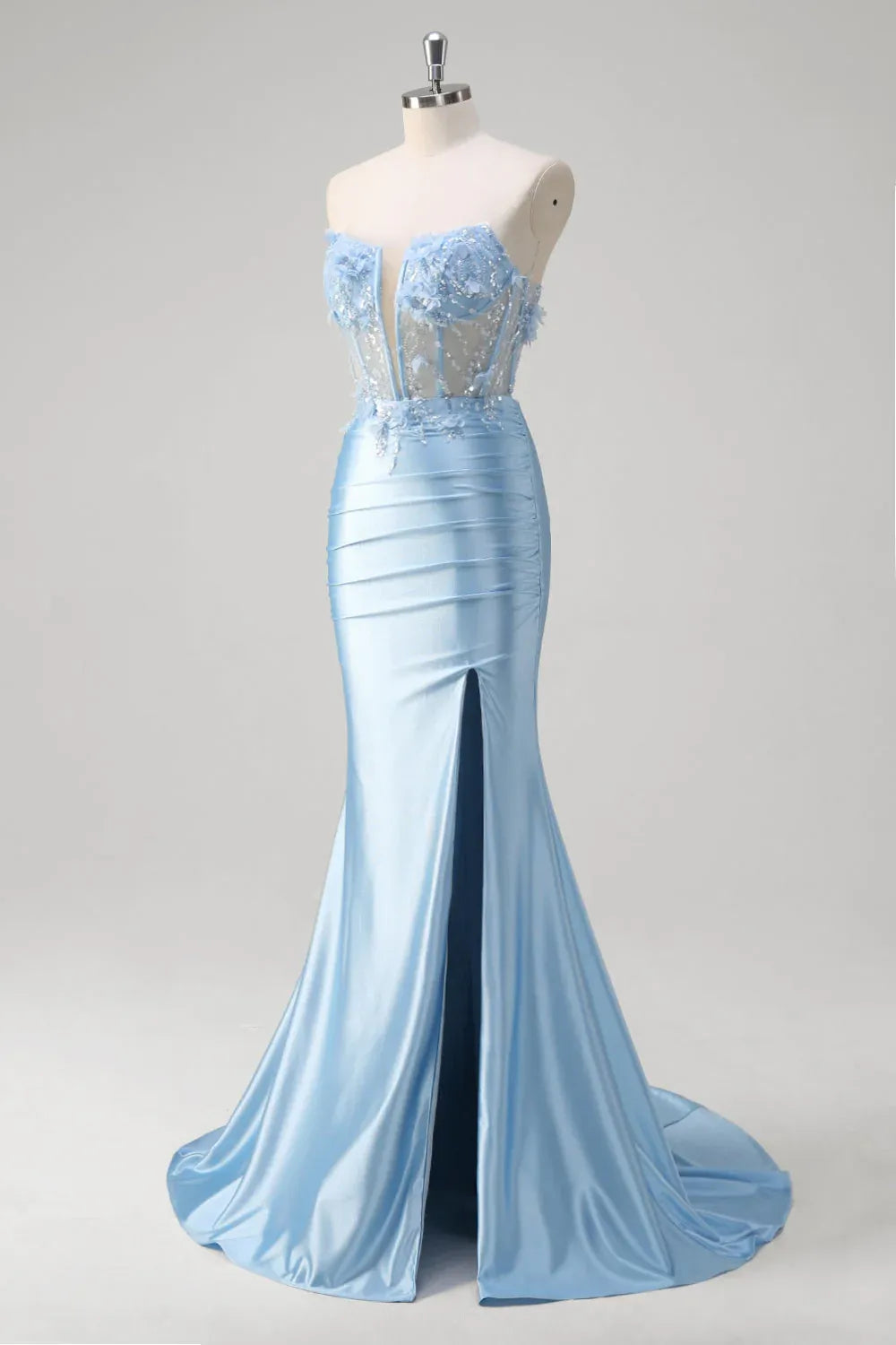 Mermaid Strapless Corset Cut Out Applique Satin Sky Blue Maxi Prom Dress With Slit