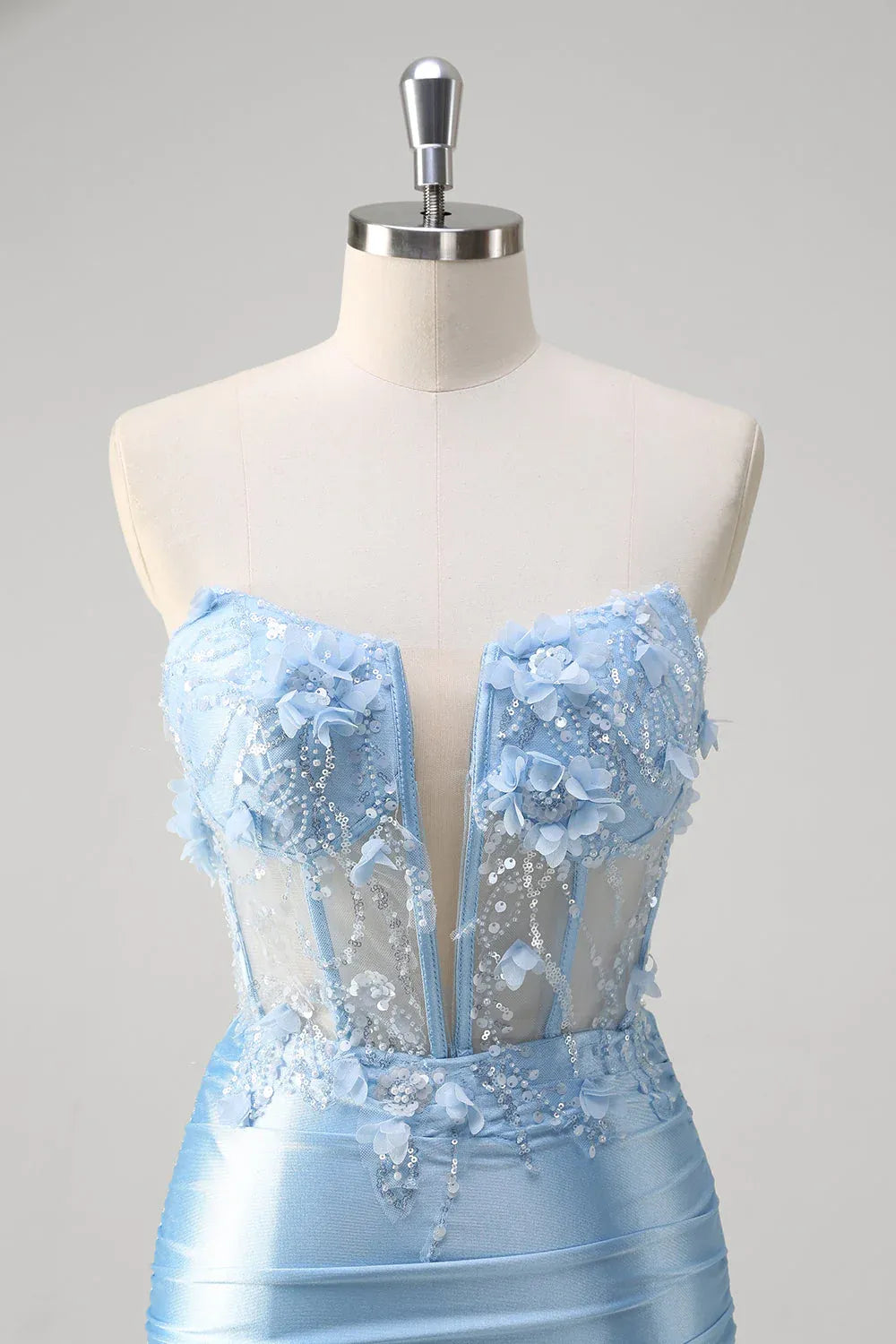 Mermaid Strapless Corset Cut Out Applique Satin Sky Blue Maxi Prom Dress With Slit