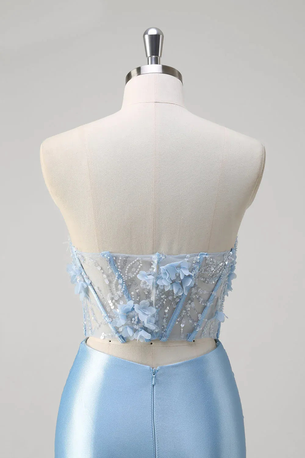 Mermaid Strapless Corset Cut Out Applique Satin Sky Blue Maxi Prom Dress With Slit