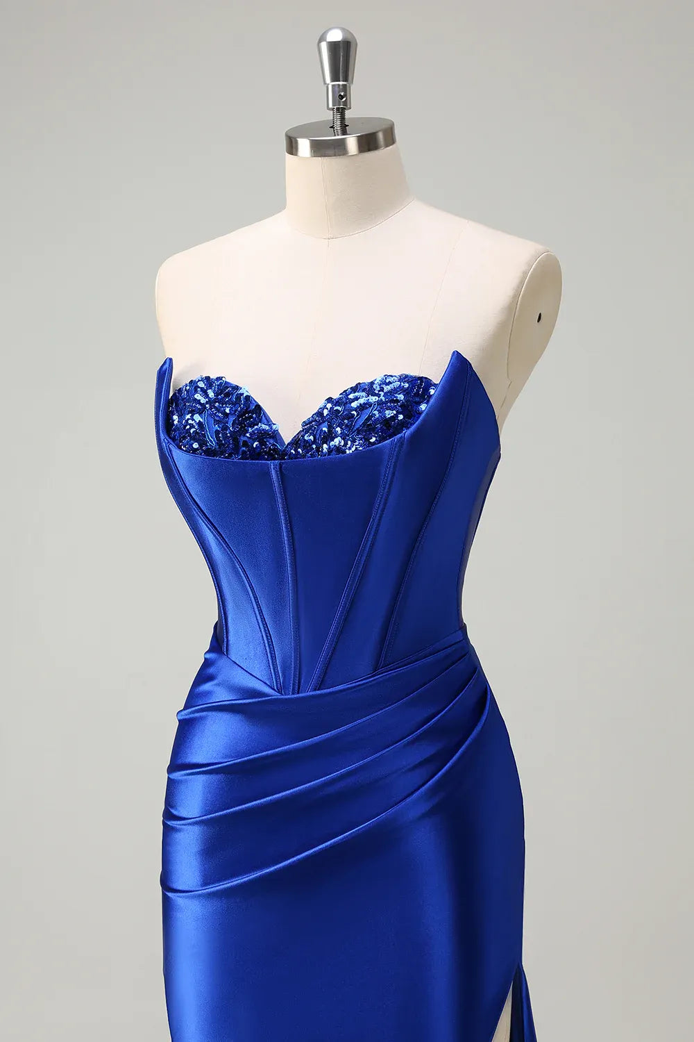 Mermaid Strapless Corset Pleated Sequin Satin Royal Blue Maxi Prom Dress With Slit