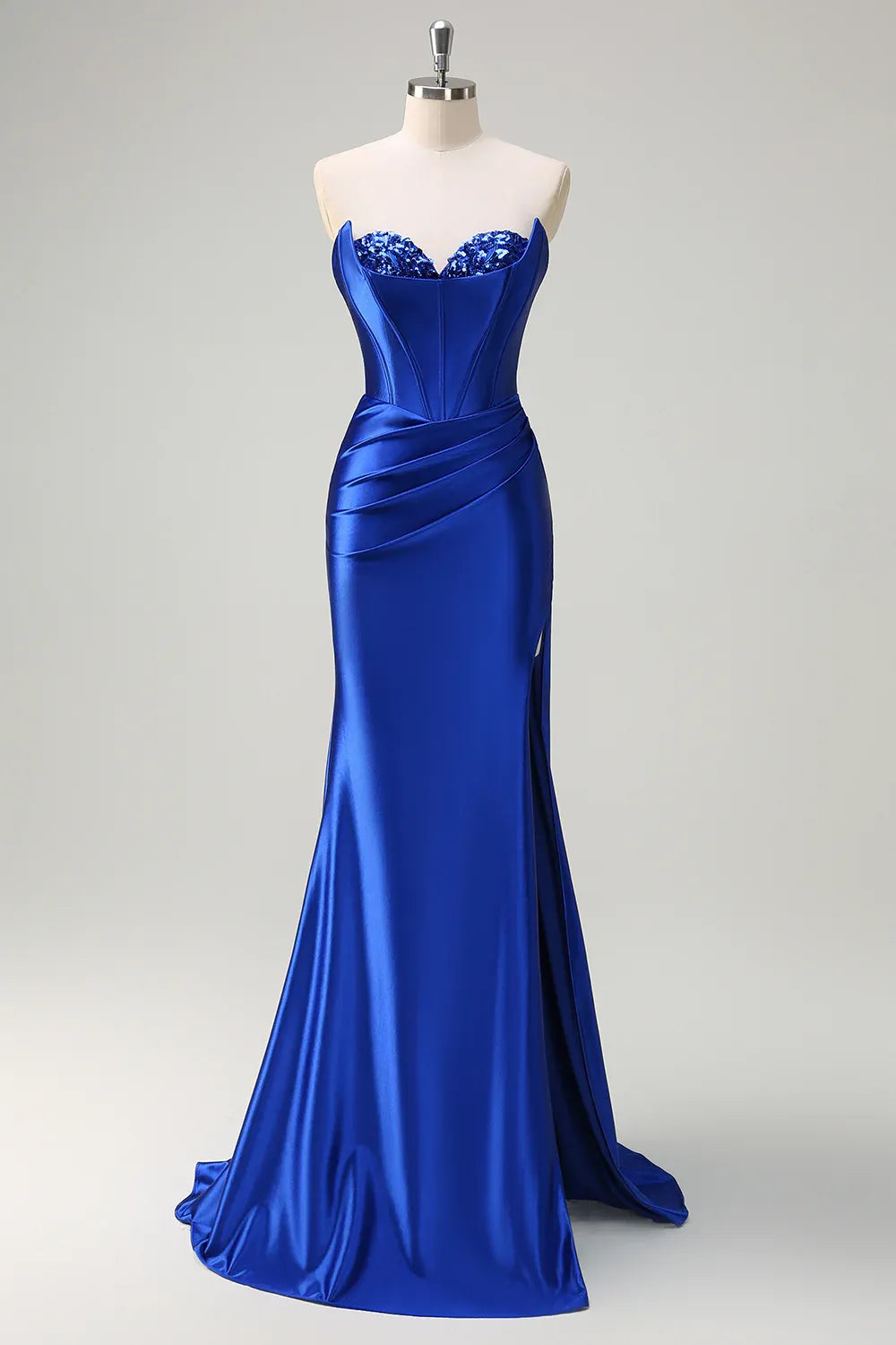 Mermaid Strapless Corset Pleated Sequin Satin Royal Blue Maxi Prom Dress With Slit