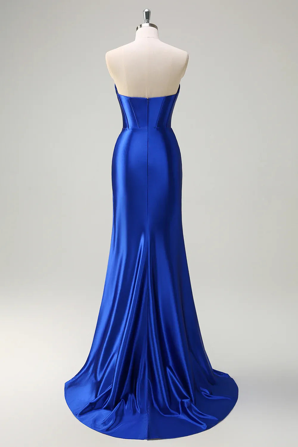 Mermaid Strapless Corset Pleated Sequin Satin Royal Blue Maxi Prom Dress With Slit