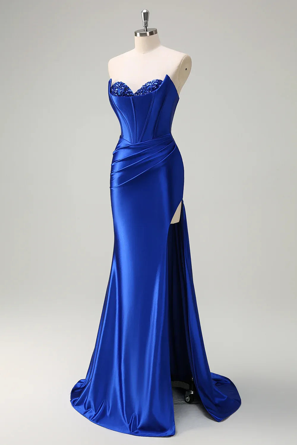 Mermaid Strapless Corset Pleated Sequin Satin Royal Blue Maxi Prom Dress With Slit