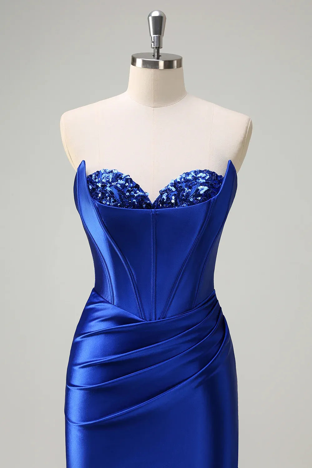 Mermaid Strapless Corset Pleated Sequin Satin Royal Blue Maxi Prom Dress With Slit