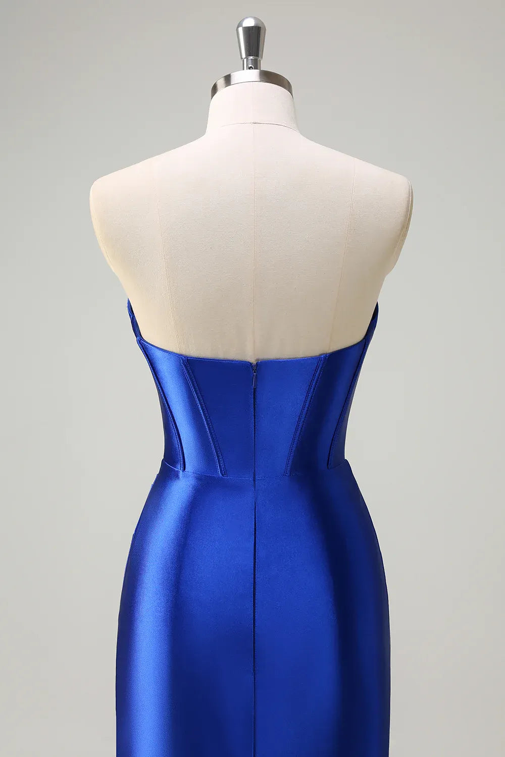 Mermaid Strapless Corset Pleated Sequin Satin Royal Blue Maxi Prom Dress With Slit