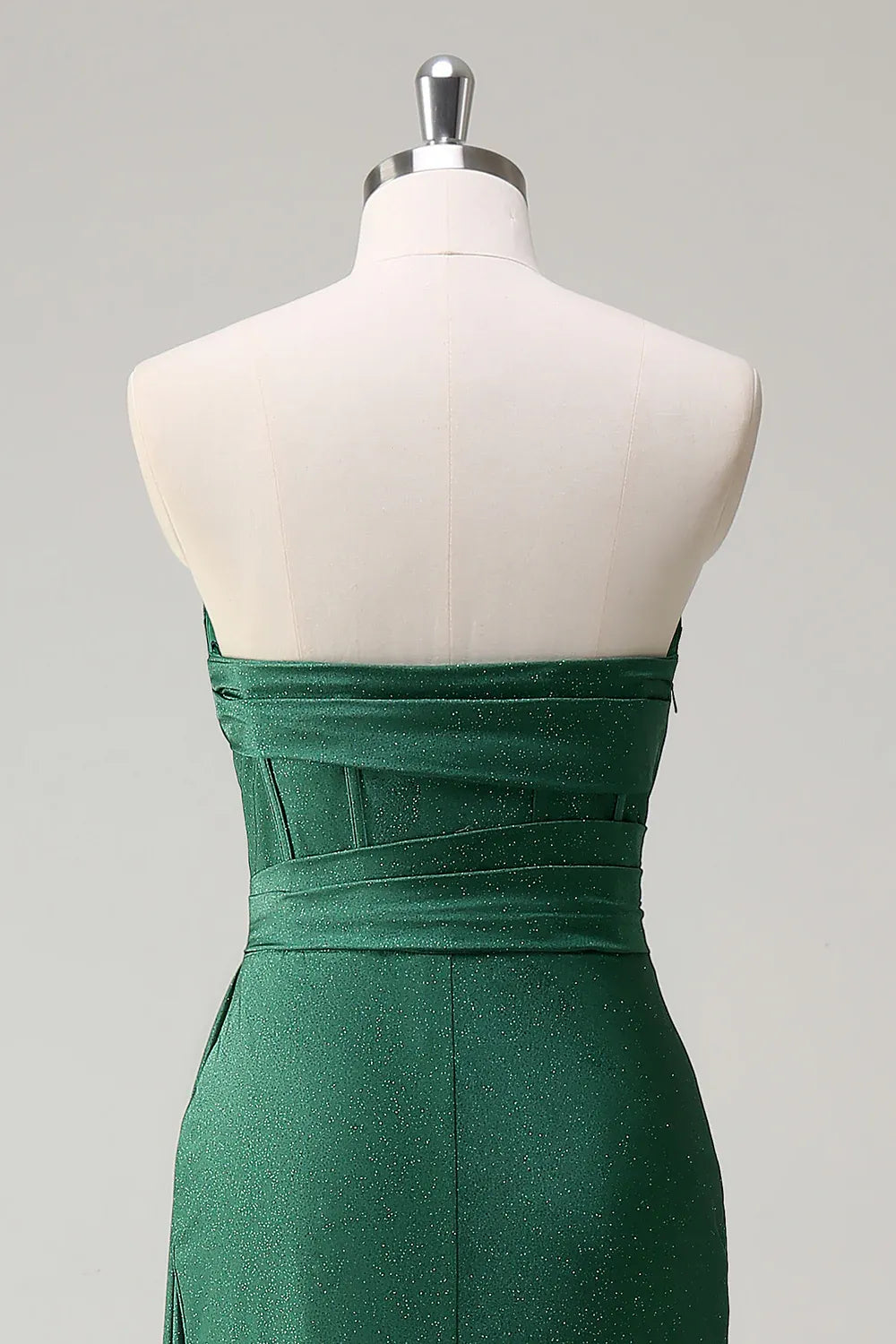 Mermaid Strapless Corset Ruched Glitter Emerald Maxi Prom Dress With Streamer