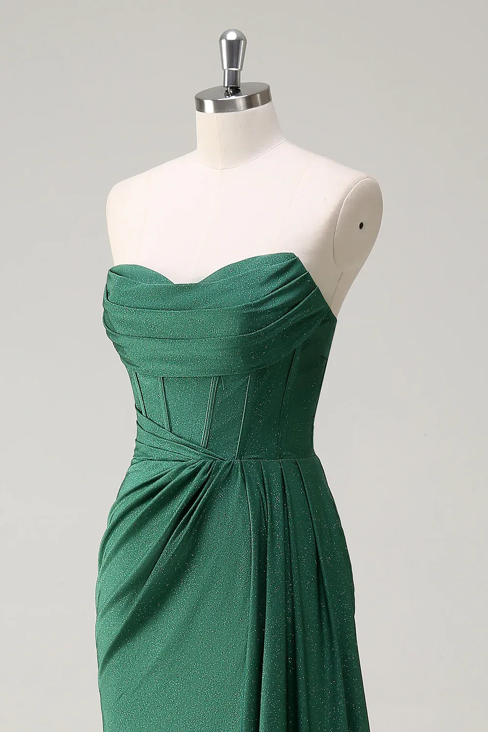 Mermaid Strapless Corset Ruched Glitter Emerald Maxi Prom Dress With Streamer