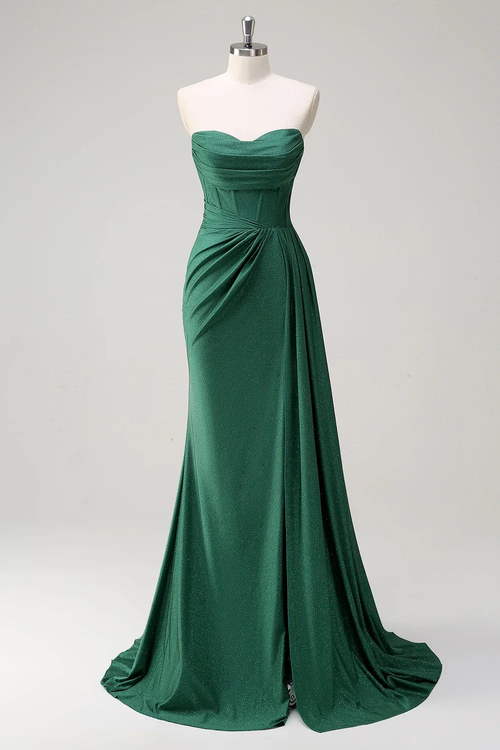 Mermaid Strapless Corset Ruched Glitter Emerald Maxi Prom Dress With Streamer