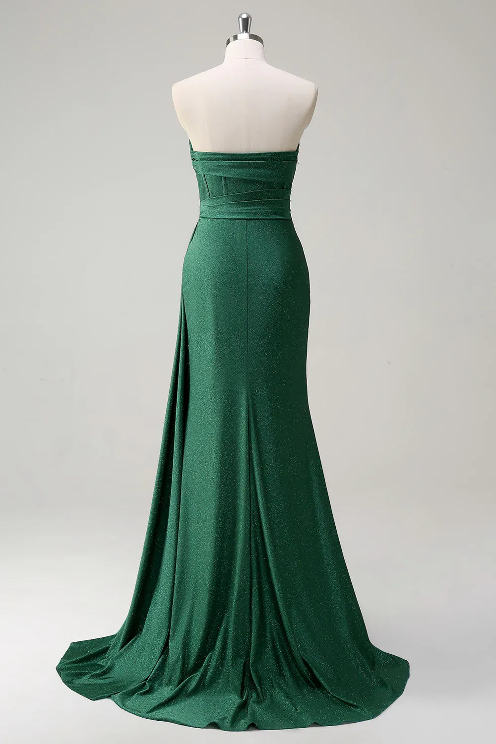 Mermaid Strapless Corset Ruched Glitter Emerald Maxi Prom Dress With Streamer