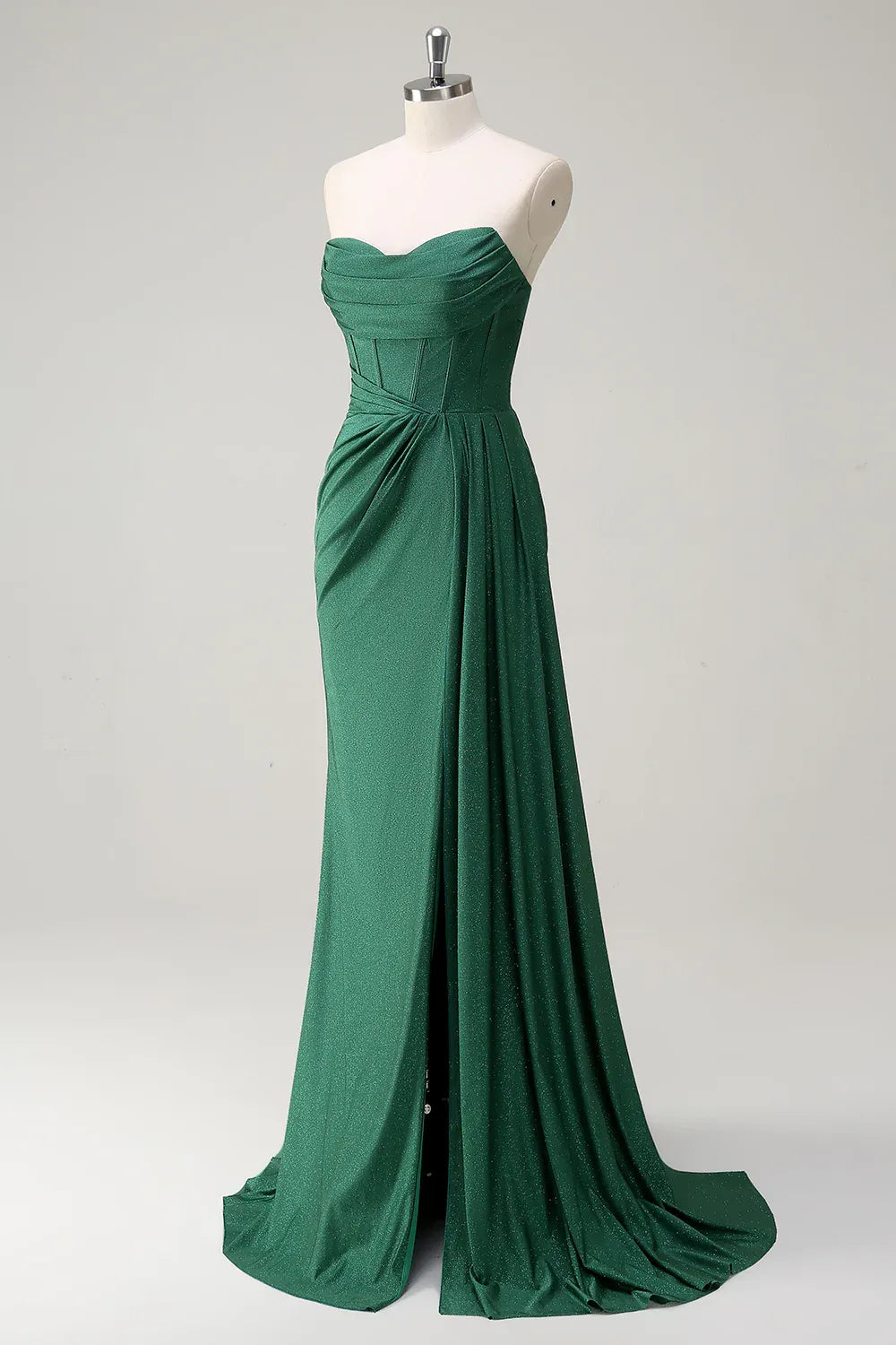 Mermaid Strapless Corset Ruched Glitter Emerald Maxi Prom Dress With Streamer
