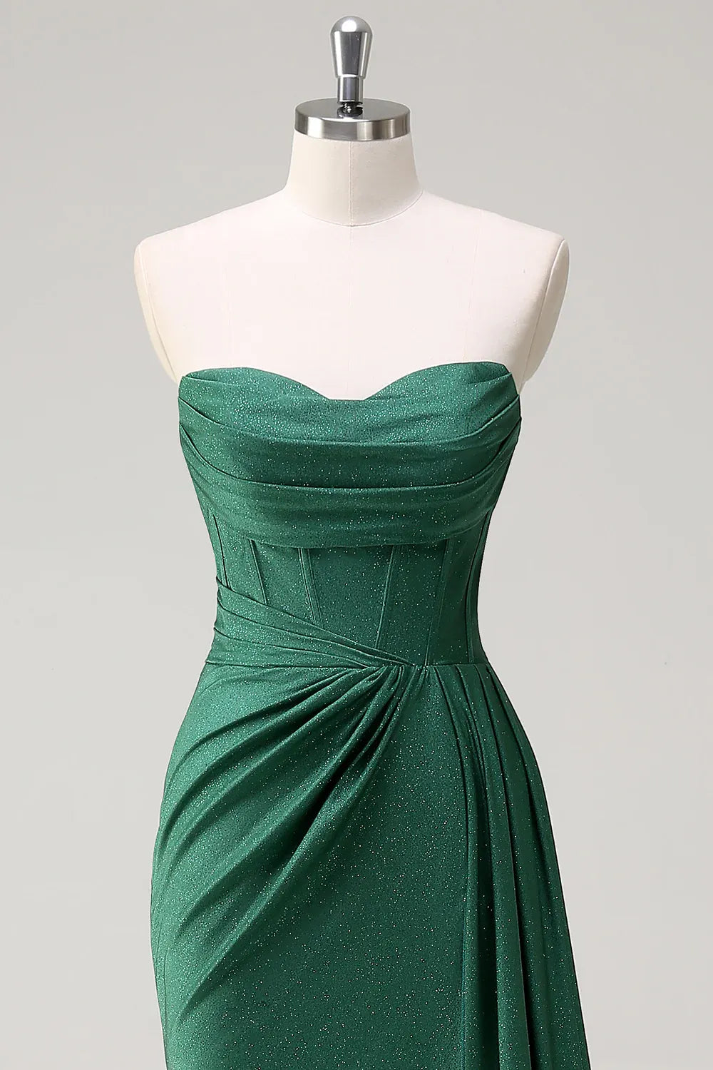 Mermaid Strapless Corset Ruched Glitter Emerald Maxi Prom Dress With Streamer