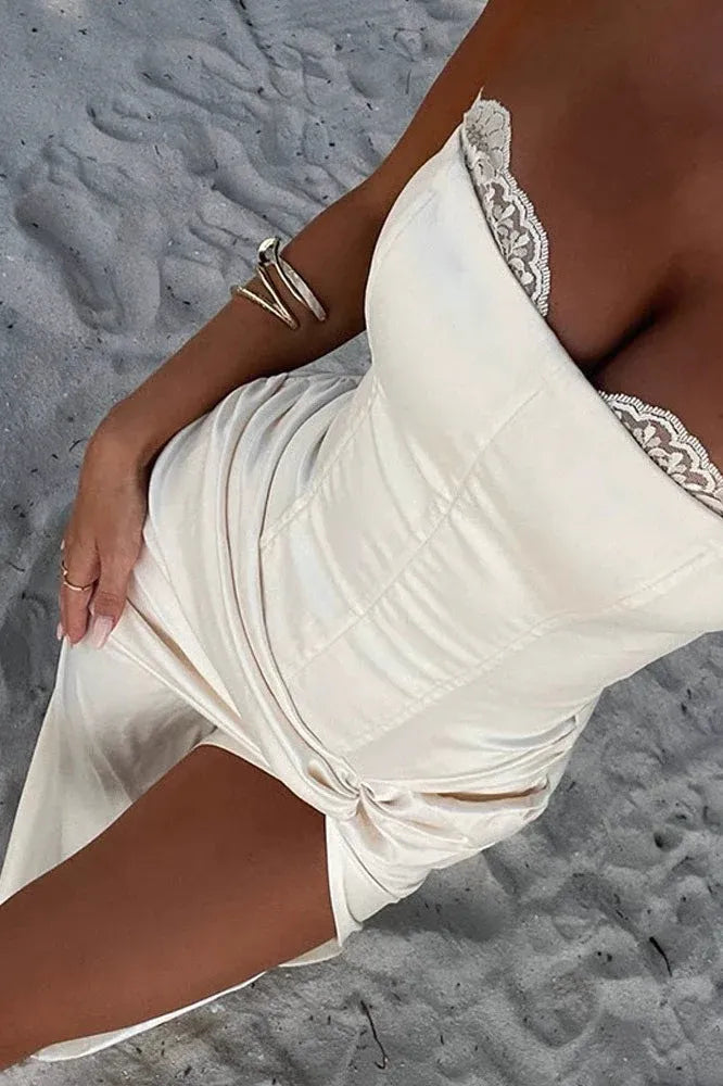 Mermaid Strapless Corset Ruched Satin Ivory Floor Length Prom Dress With High Slit