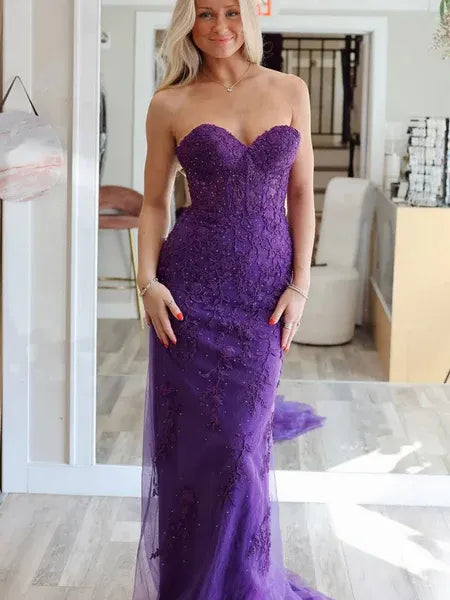 Mermaid Strapless Lace Beaded Purple Long Prom Dress With Corset Back