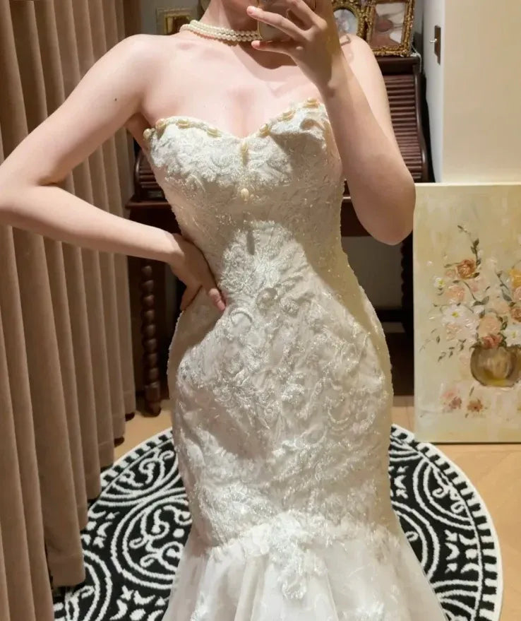Mermaid Strapless Lace Evening Dress Beaded White Wedding Dress For Sale